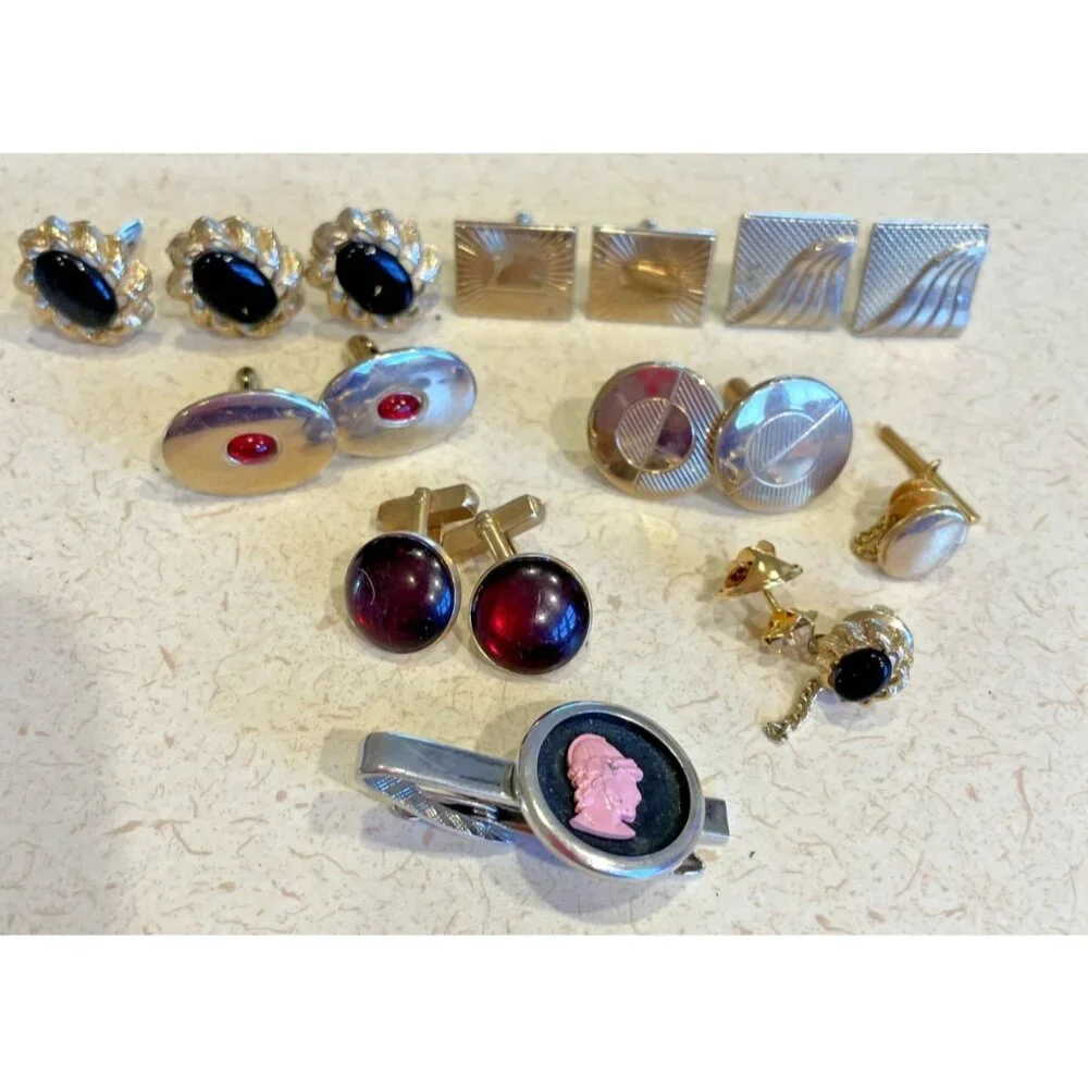 Men's Cufflinks 6 sets Tie Tacks‎ Gold with 4 Tie Tacks Lot